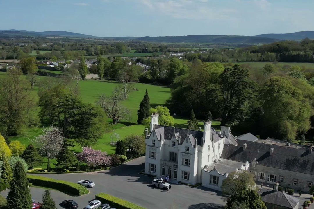 Ballykealey House from the air, with the Carlow countryside behind it